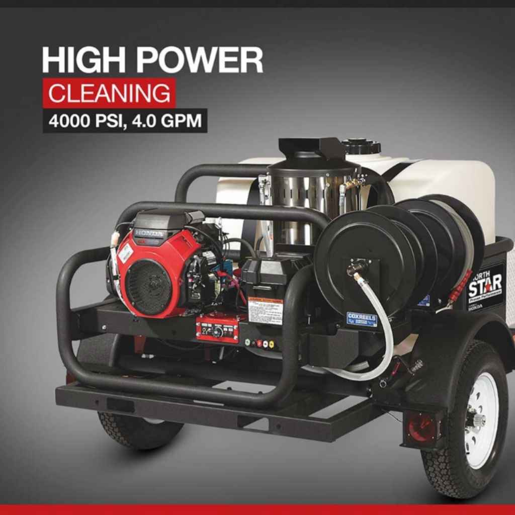 Northstar 4.0 gpm hot water pressure washer 4000 psi with specifications on a gray background