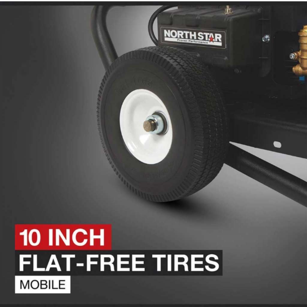 10-inch flat-free tire on a northstar pressure washer 2000 PSI with 'North Star' branding, on a gray background.