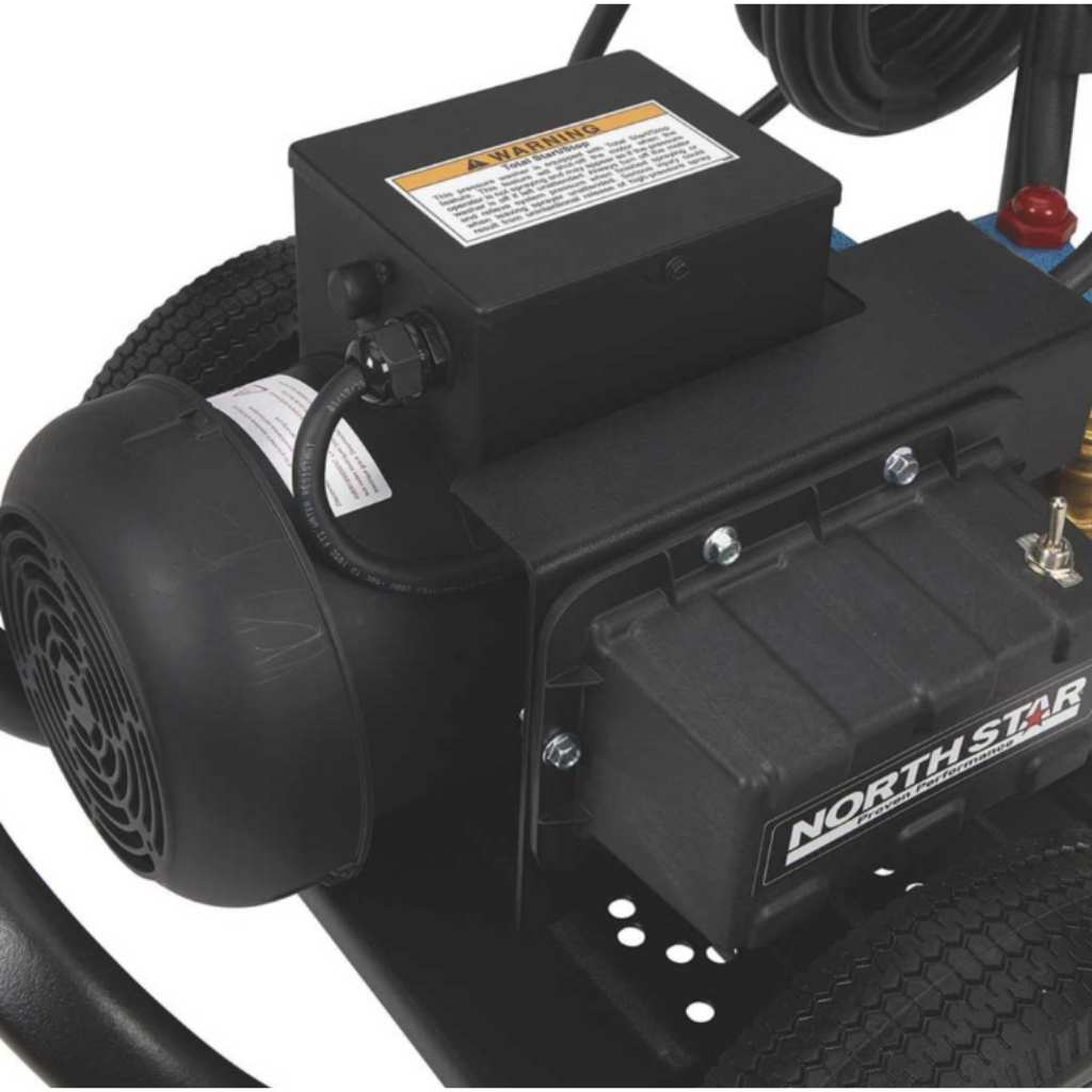 Close-up of a black mechanical component to a northstar pressure washer 3000 psi with 'North Star' branding on a white background