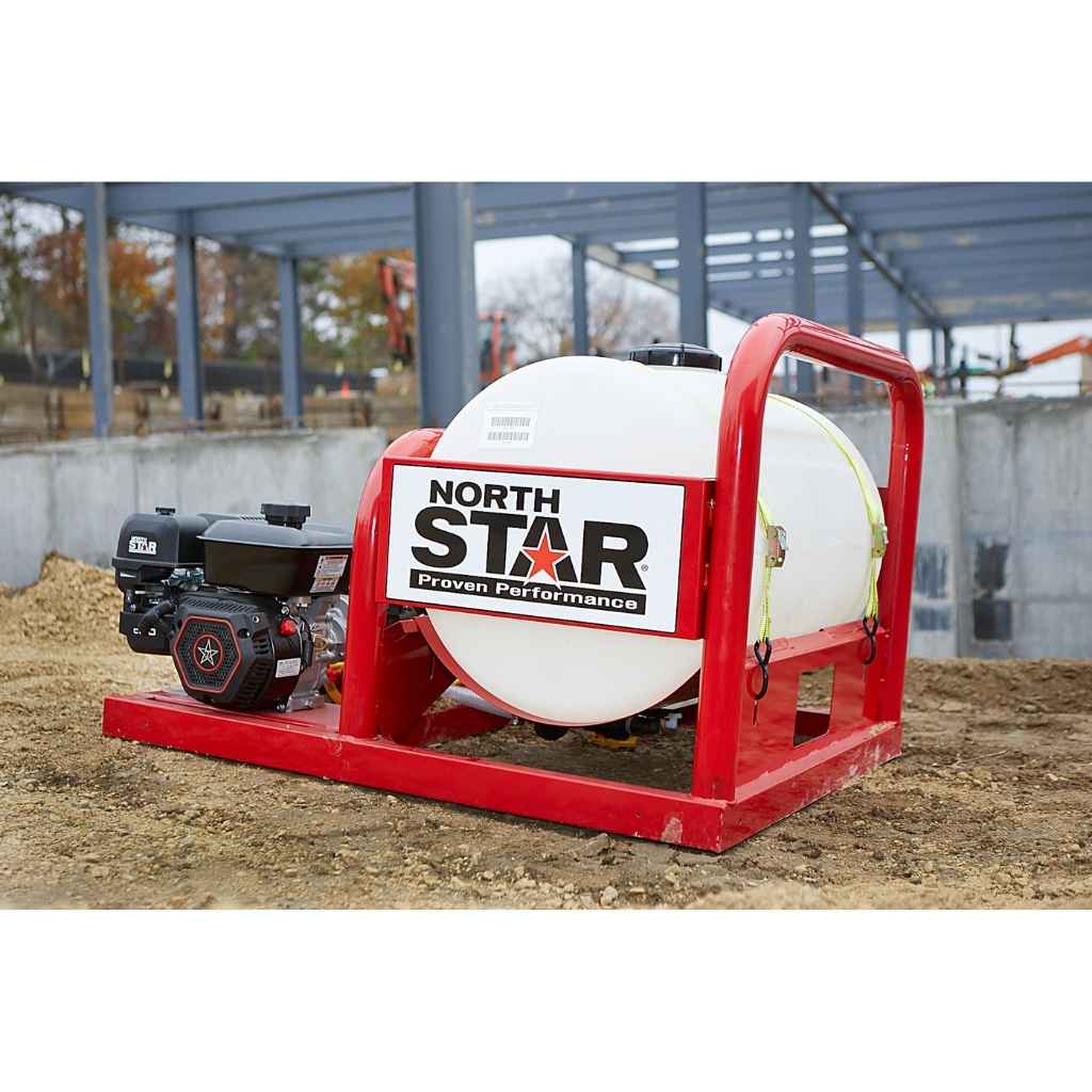 NorthStar skid sprayer 55 gallon on a stand in an outdoor setting