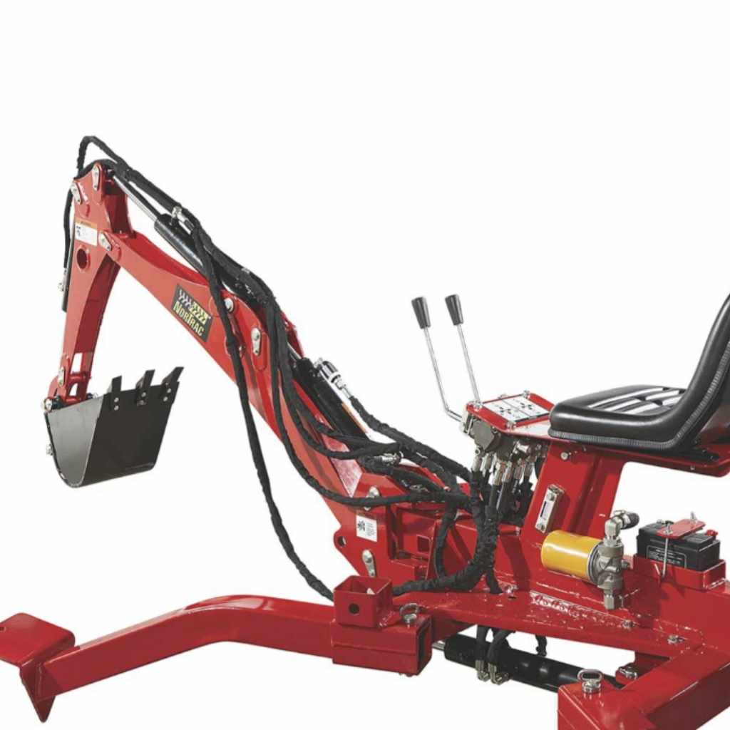 Red nortrac towable backhoe with a bucket on a white background