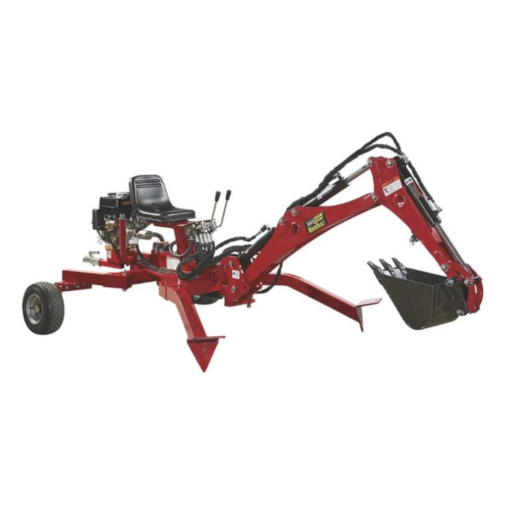 Red norttrac backhoe trencher with a bucket attachment on a white background