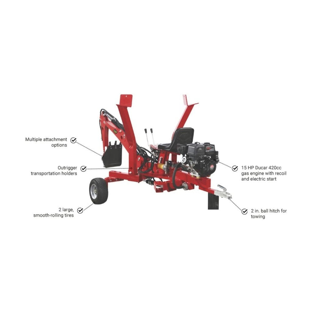 Red nortrac 15 hp towable trencher with features highlighted on a white background