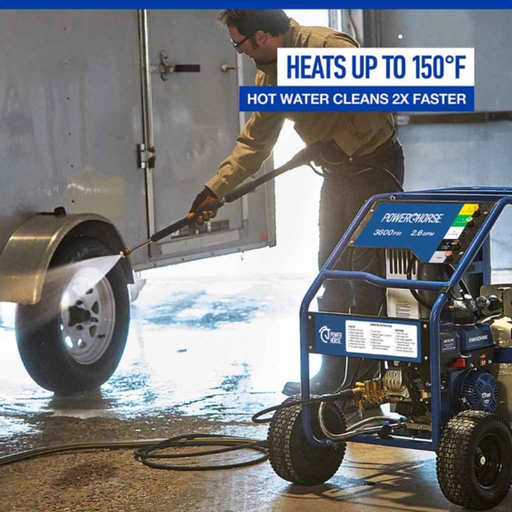 Person using a powerhorse 3600 psi hot water pressure washer to clean a vehicle with a Powerhorse branded machine.