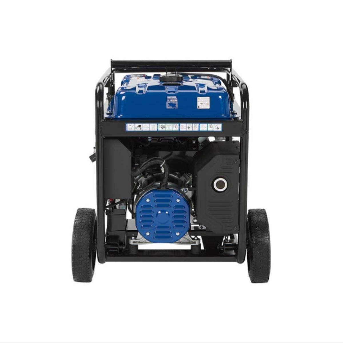 Back view of a blue and black powerhorse 15000w generator on a white background