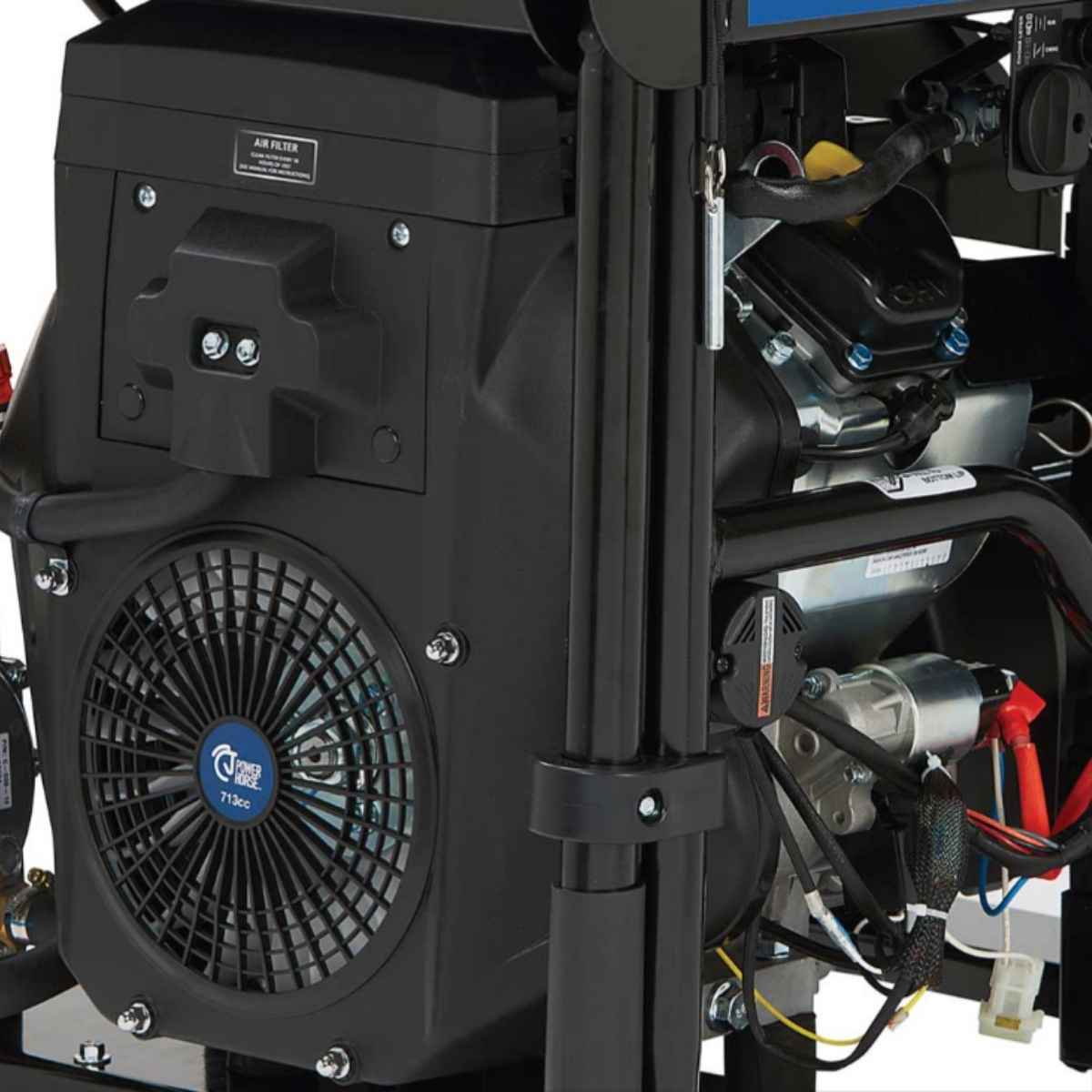 Close-up of a black air filter on a powerhorse 1500 watt generator with visible branding.