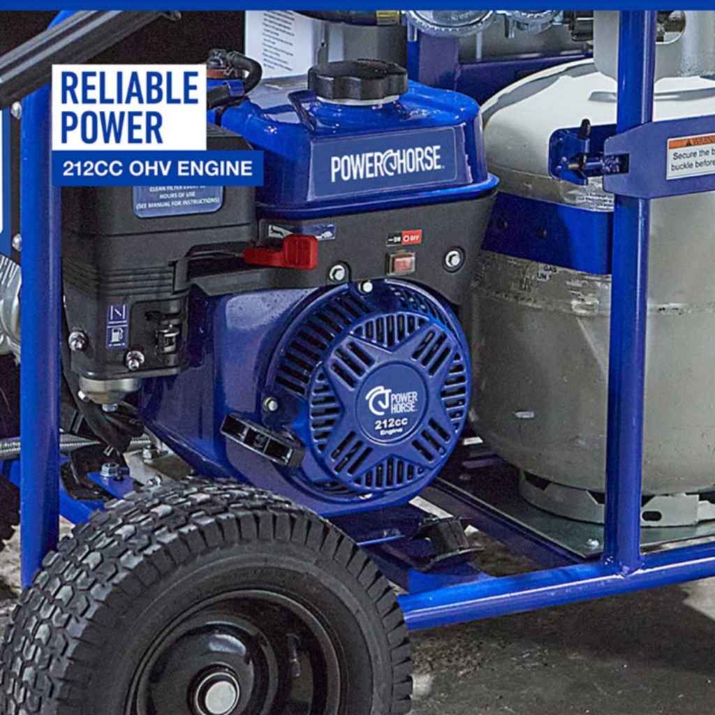 Powerhorse hot water 2.6 gpm 3600 psi hot water pressure washer engine with 'Reliable Power' text on a blue machine.