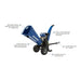 Blue Powerhorse 420cc wood chipper with features highlighted on a white background