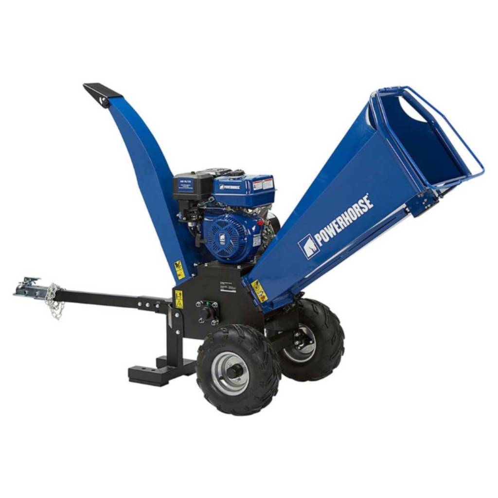 Blue Powerhorse 420cc wood chipper  shredder on a white background