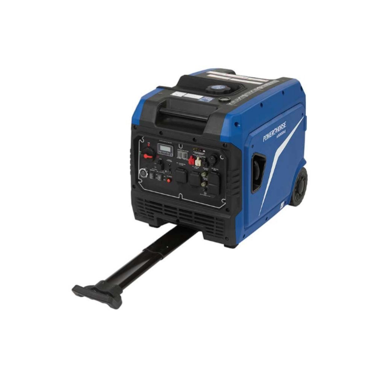 Blue and black powerhouse inverter generator 8000 watts on a white background