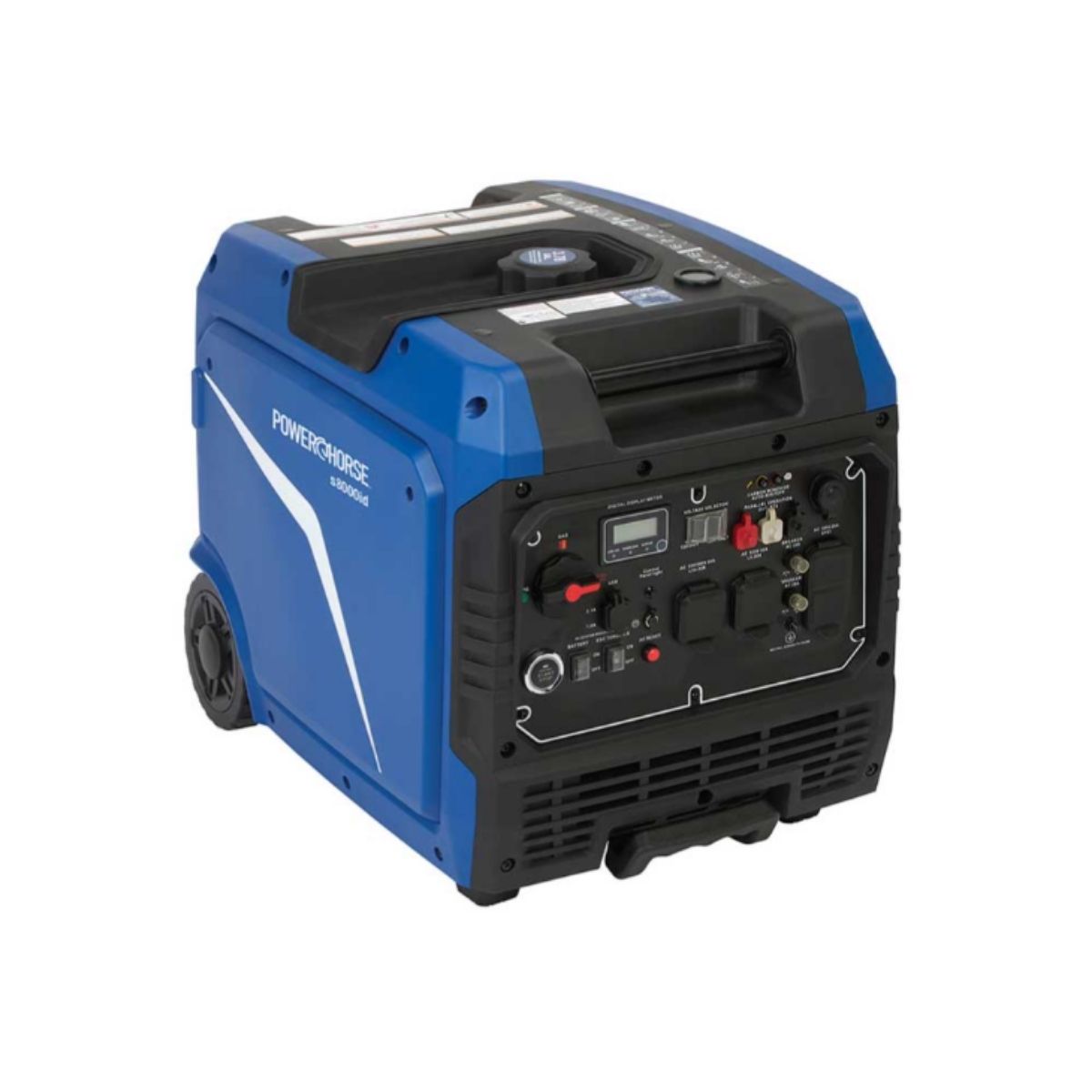 Blue and black Powerhouse 8000 inverter generator on a white background