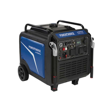 Front side view of a black and blue powerhorse 10500 inverter generator with handles flipped down with generator on wheels on a white background