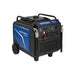 Front side view of a black and blue powerhorse 10500 inverter generator with handles flipped down with generator on wheels on a white background