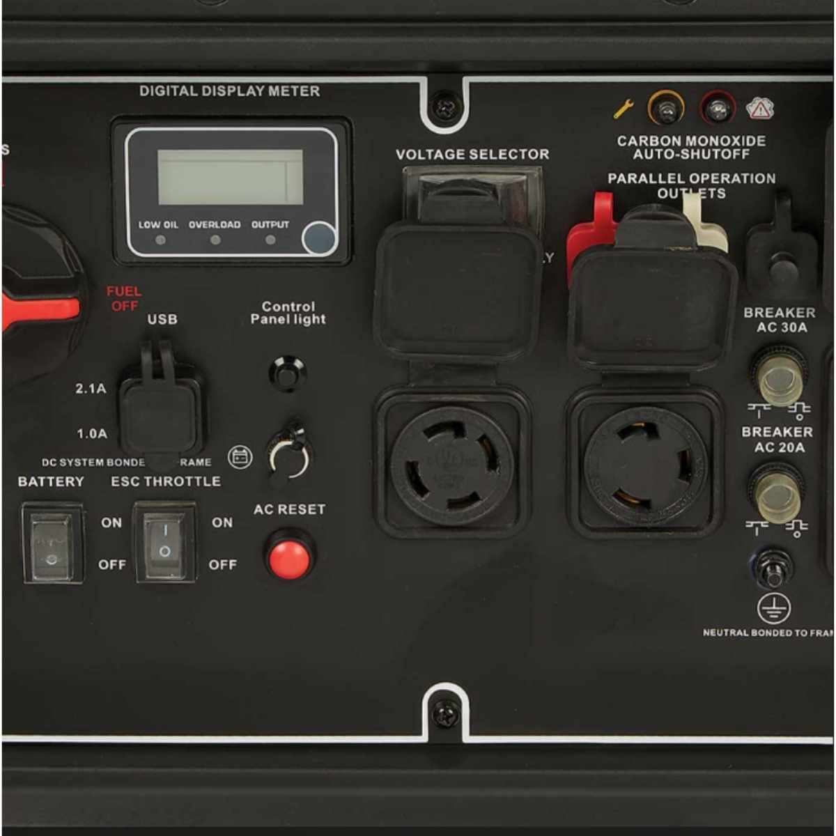 Control panel with digital display meter and various switches to a powerhorse 8000 inverter generator on a black background