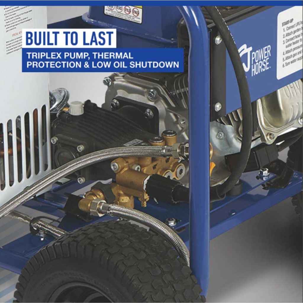 Close-up of a powerhorse hot water pressure washer 3600 psi with text highlighting features like 'Triplex Pump' and 'Low Oil Shutdown'.