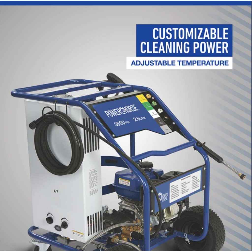 powerhorse 3600 psi hot water Pressure washer with customizable cleaning power and adjustable temperature on a gray background