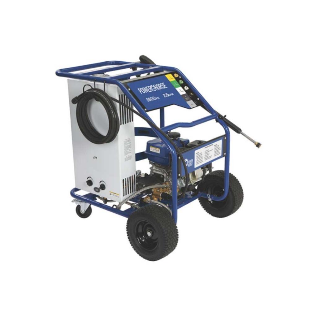 Blue and white powerhorse hot water commercial pressure washer 3600 psi on a white background