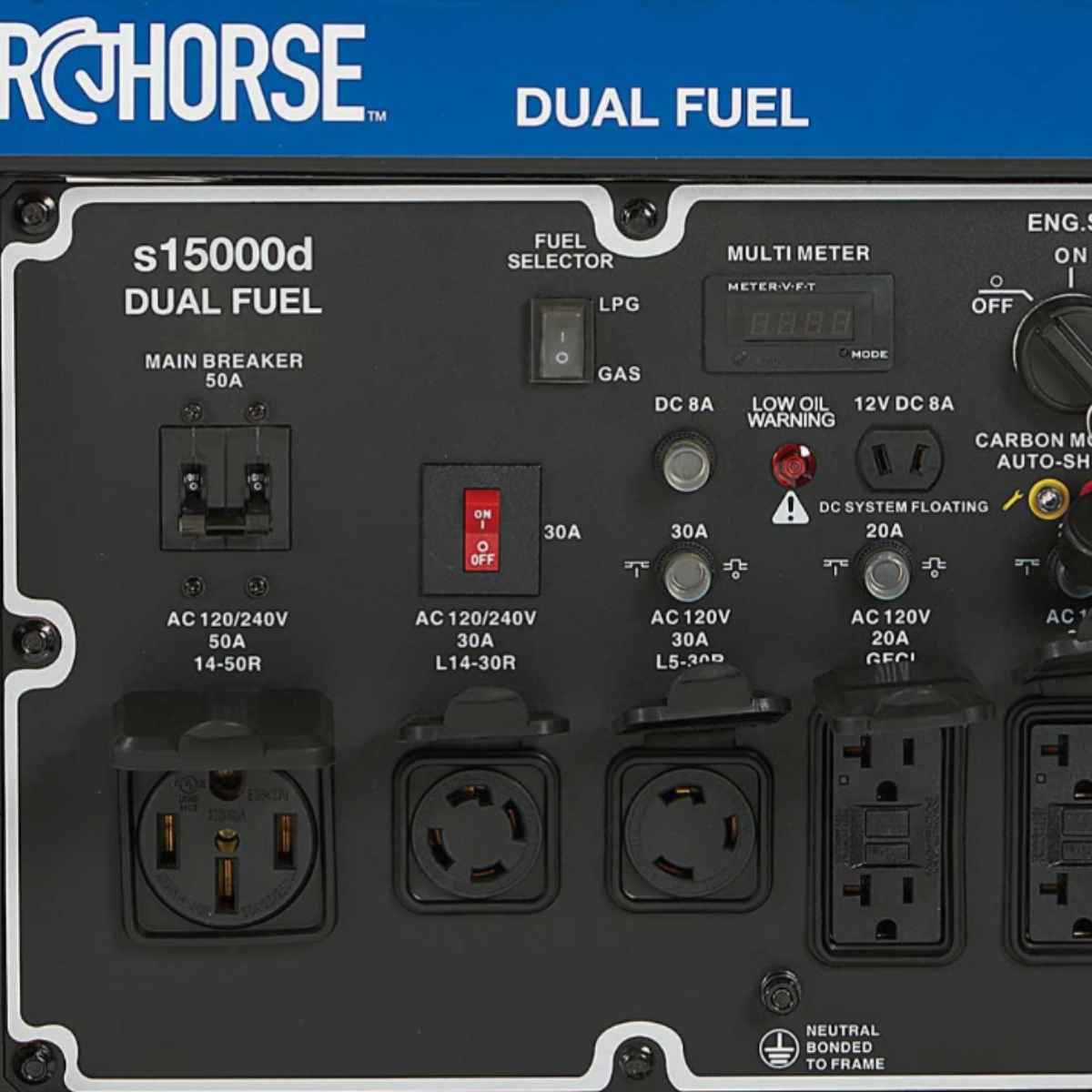 Back panel of a powerhorse 1500w generator with various connectors and indicators, featuring the Archhorse brand.