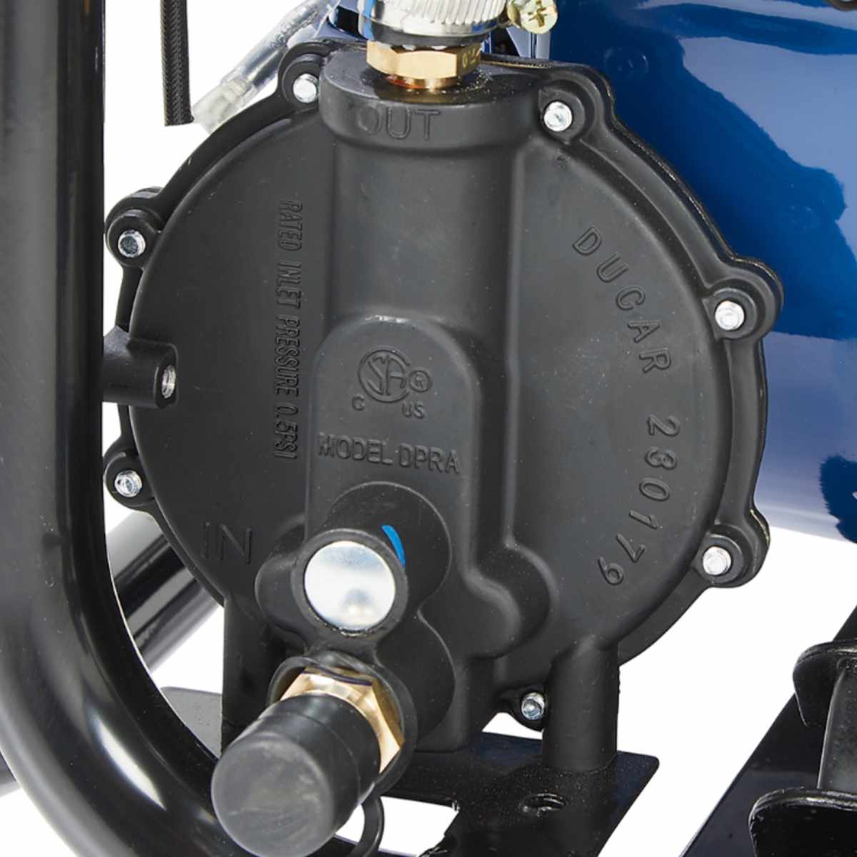 Close-up of a powerhorse 12500w generator mechanical pump with branding and specifications.