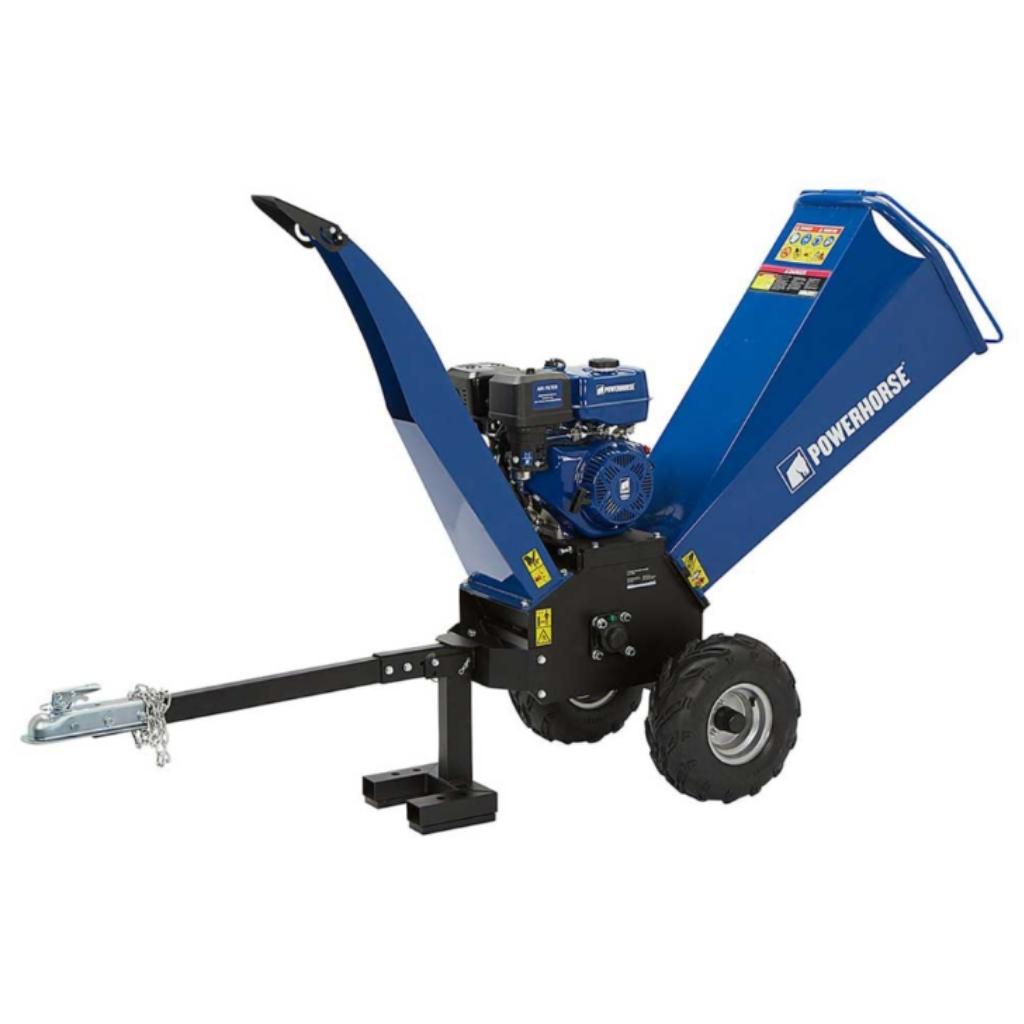 Blue Powerhorse wood chipper 420cc on a white background