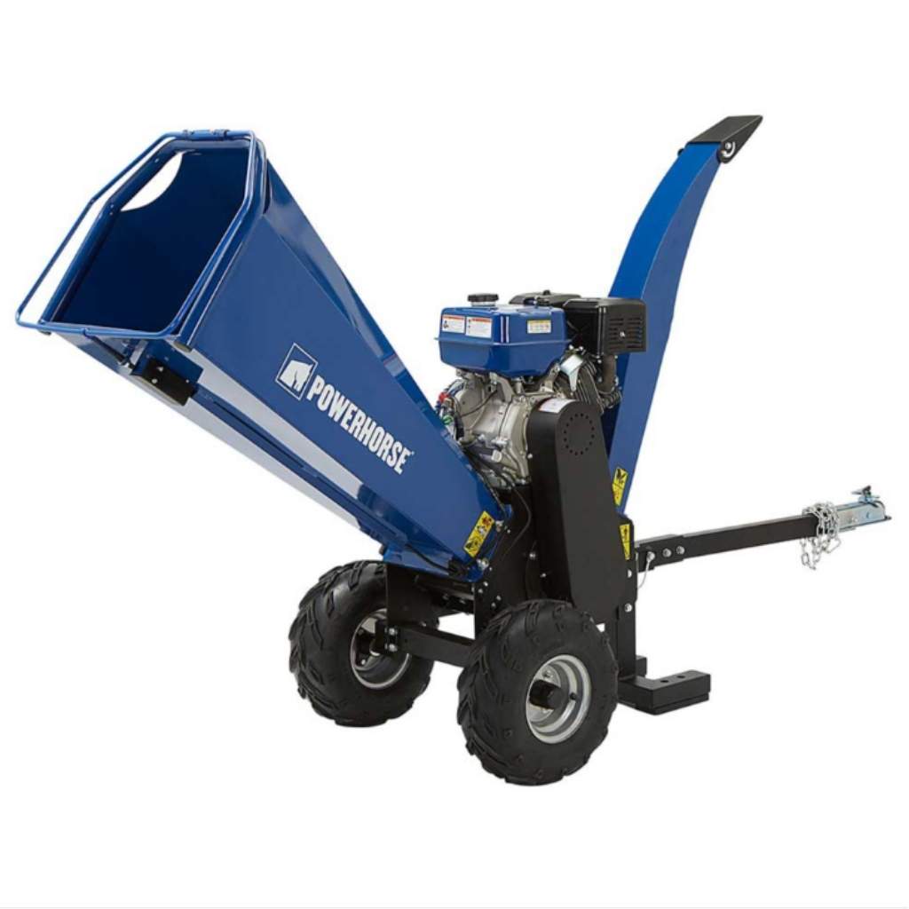 Blue Powerhorse 420cc wood chipper shredder on a white background
