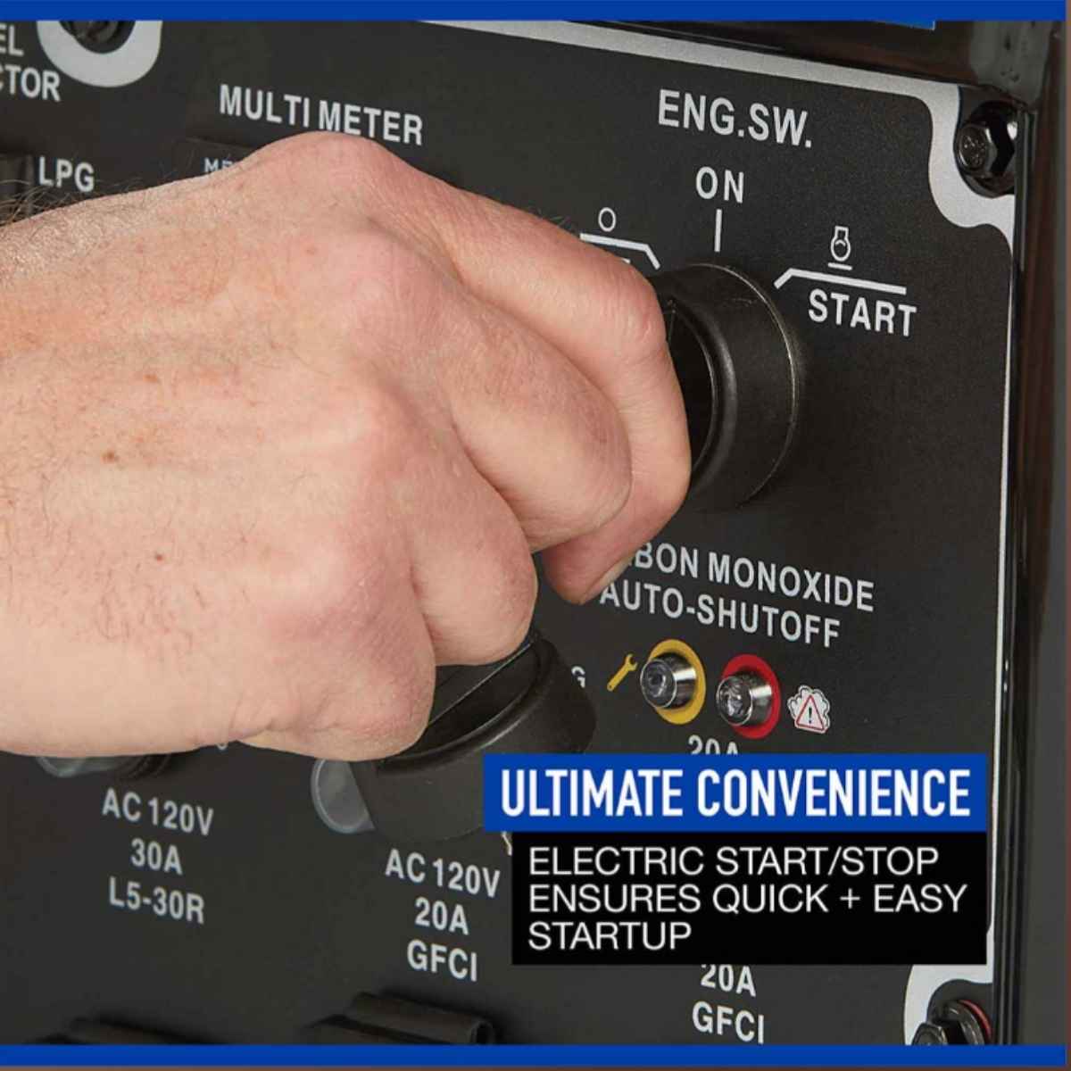 Hand turning a switch on a powerhorse generator 15000w electrical panel with text about electric start/stop convenience.