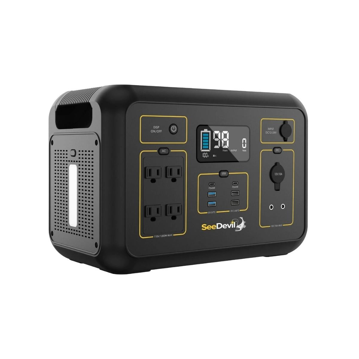 Black see devil 1200 watt portable power station with digital display and multiple outlets on a white background