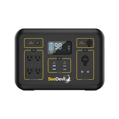 Black seedevil 1200w portable power station with digital display and SeeDevil branding on a white background