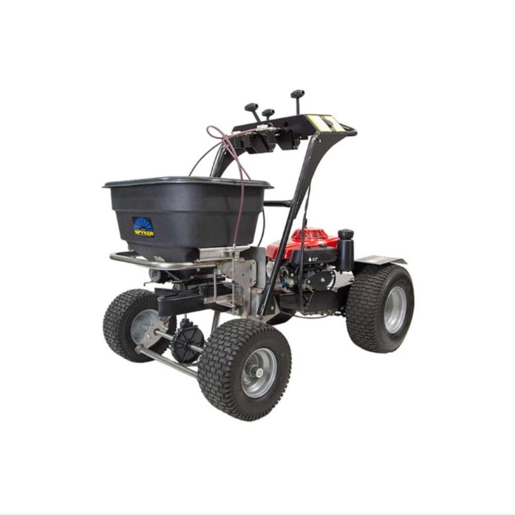 Spyker ride on fertilizer spreader on a white background
