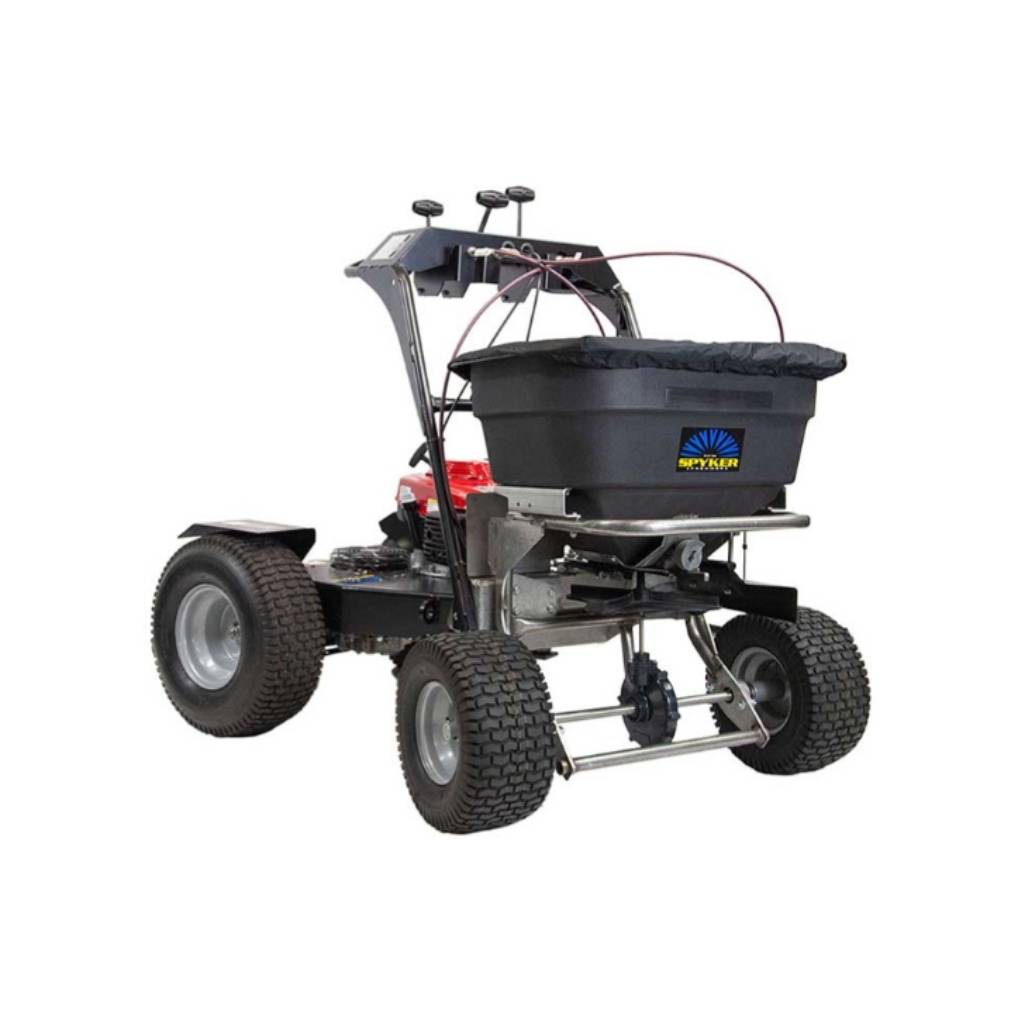 Spyker 120 lb ride on Fertilizer spreader on a white background
