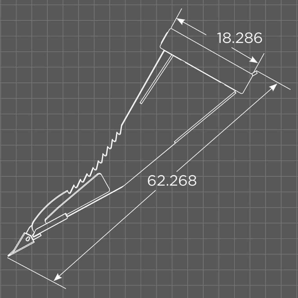 Technical drawing of a loflin skid steer stump bucket with measurements on a grid background