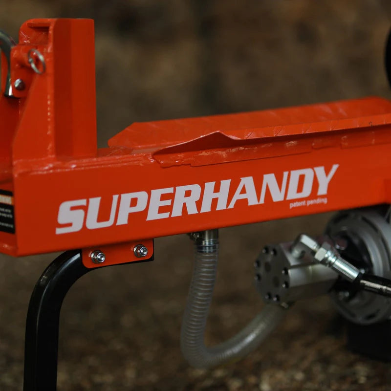 An orange and black superhandy 14 Ton Electric Log Splitter with a 20 inch max log length. The equipment is corded and has wheels for mobility. Side view outdoors with logo.