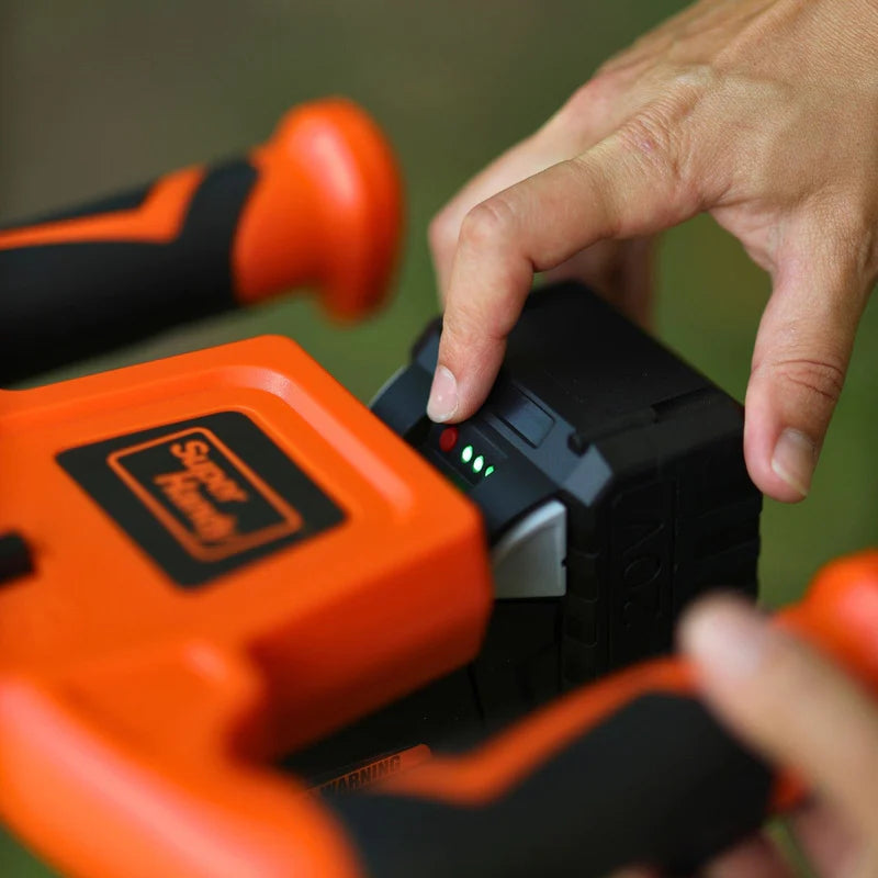superhandy 20v Earth Auger with a 20V 4Ah battery, featuring an orange and black color scheme, with a auger bit inserted vertically. Battery view.