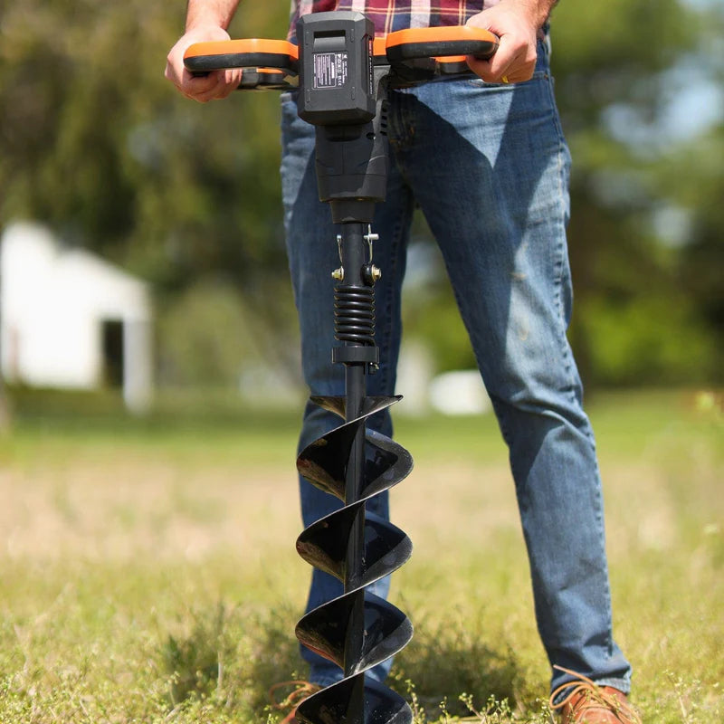 A superhandy 48v electric earth auger with a 48V 2Ah battery, featuring an orange and black color scheme and a spiral digging bit. Front view outdoors in use.