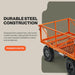 An orange SuperHandy electric garden cart with a convertable flatbed and black handles. Top side view with information.