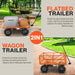 An orange SuperHandy electric garden cart with a convertable flatbed and black handles. Side view outdoors in use.