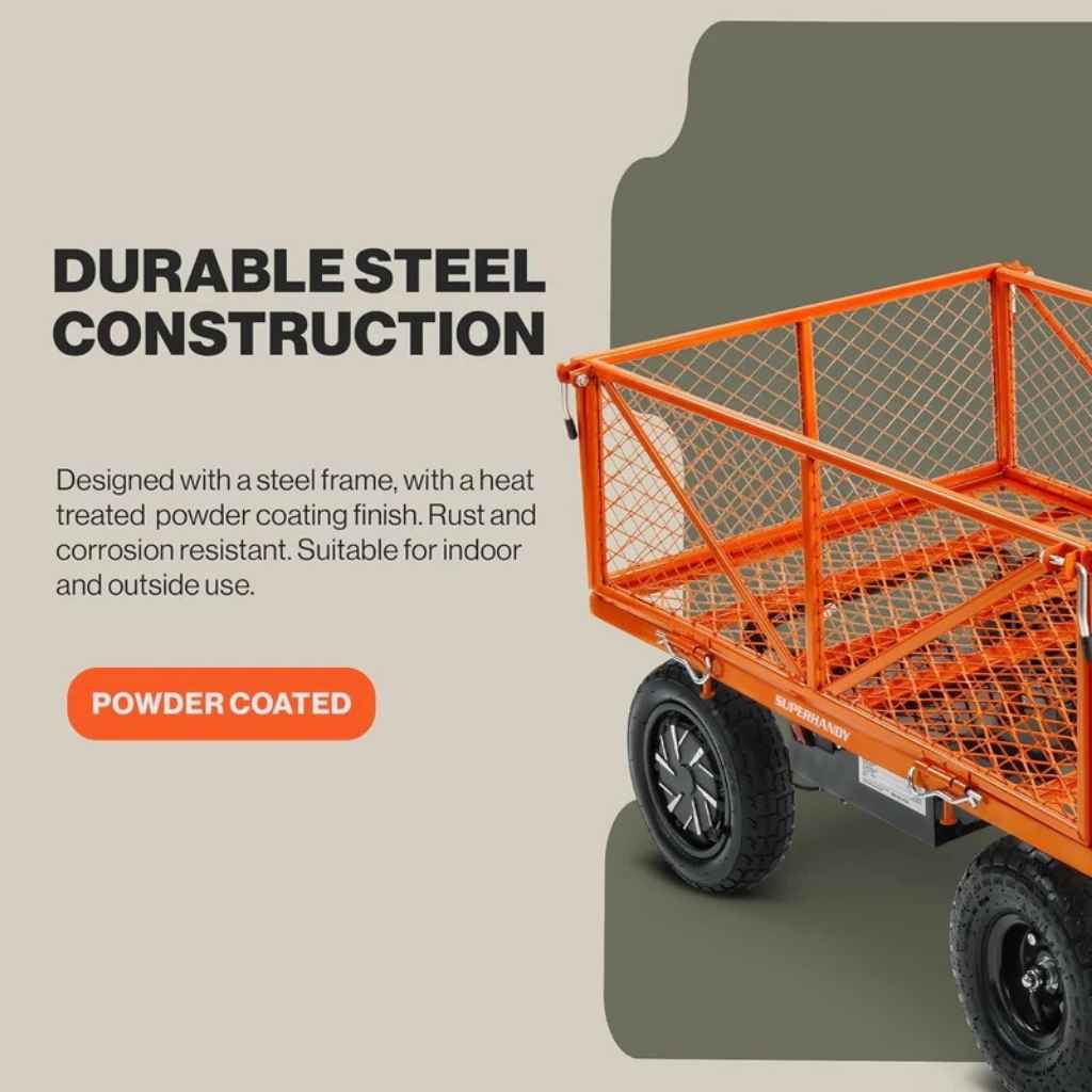 Orange superhandy electric garden cart pro with text about durable steel construction on a beige background