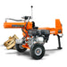 A 25 Ton Gas Log Splitter with a 7HP 209CC engine, colored in orange and black, with a large log placed on its splitting platform. Side view