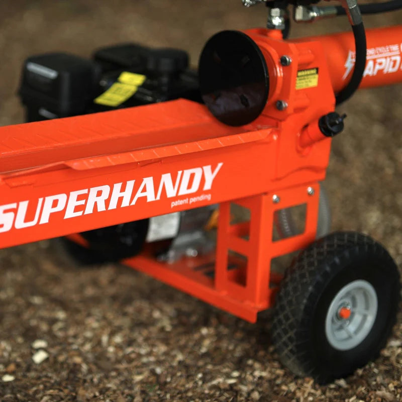 A 25 Ton Superhandy Log Splitter with a 7HP 209CC engine, colored in orange and black, with a large log placed on its splitting platform. Side view outdoors logo showing.