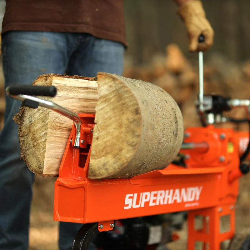 A 25 Ton Gas Log Splitter with a 7HP 209CC engine, colored in orange and black, with a large log placed on its splitting platform. Front view outdoors horizontal position in use.