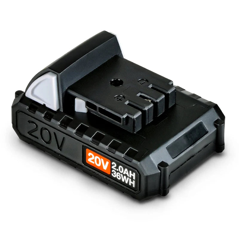 A black 20V 2Ah lithium ion battery with a white label displaying the voltage and capacity information. Top view