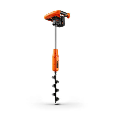 superhandy 24v Electric Earth Auger with a 20V 4Ah battery, featuring an orange and black color scheme, with a auger bit inserted vertically.