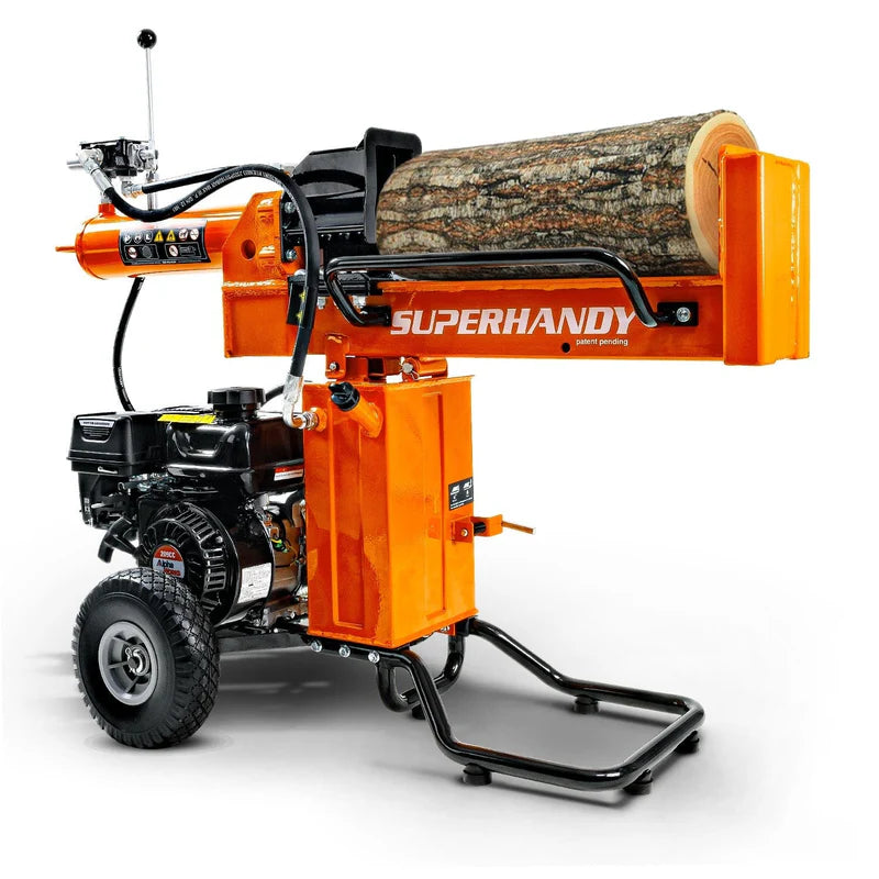 A 25 Ton Gas Log Splitter with a 7HP 209CC engine, colored in orange and black, with a large log placed on its splitting platform. Side view horizontal position.