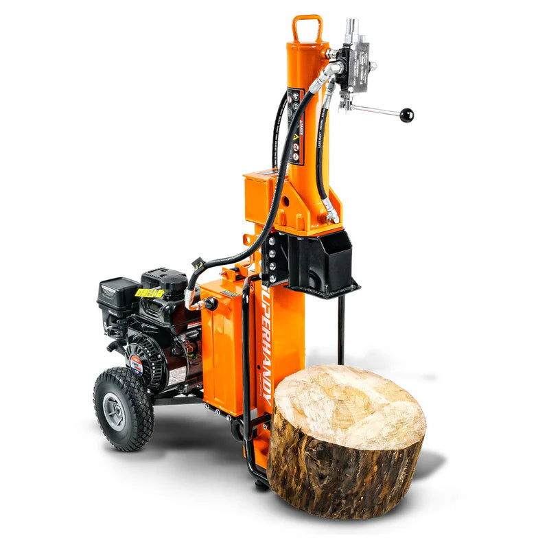 A 25 Ton Gas Log Splitter with a 7HP 209CC engine, colored in orange and black, with a large log placed on its splitting platform.