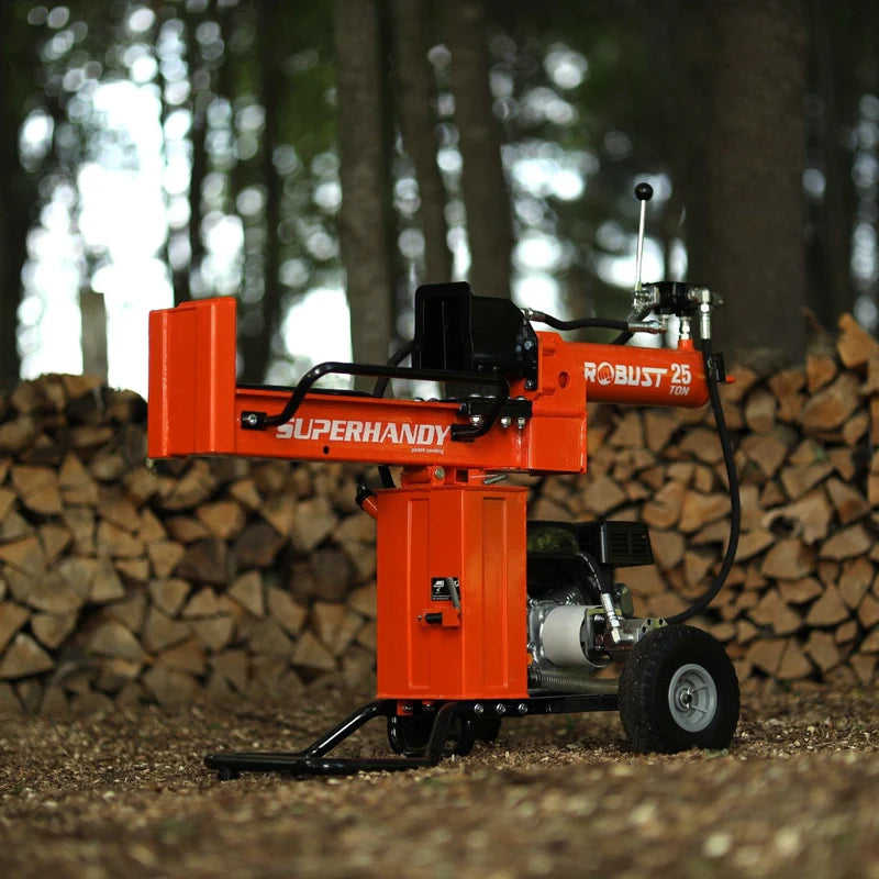 A Superhandy 25 Ton Log Splitter with a 7HP 209CC engine, colored in orange and black, with a large log placed on its splitting platform. Side view outdoors horizontal position.