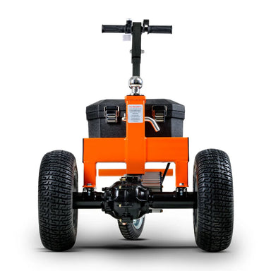 An orange and black SuperHandy 2800 LB Trailer Dolly with all-terrain tires, a powerful electric motor, and a height-adjustable hitch. Front view.
