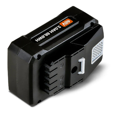 A black 48V 2Ah lithium-ion battery with LED charge indicators and a silver metal casing. Side view.