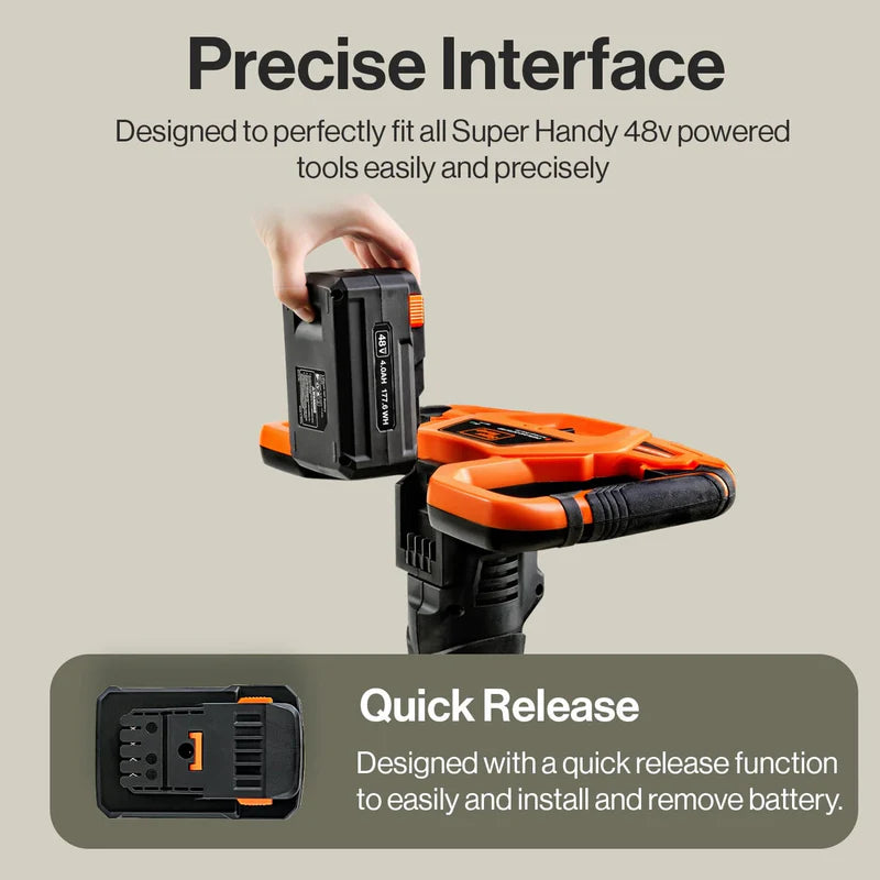 SuperHandy  Battery pack with quick release feature for Super Handy 48v tools on a beige background