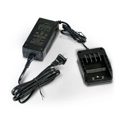 A black 48V lithium ion battery charger with a power cord and connector, branded with the name 'SuperHandy'. back view.