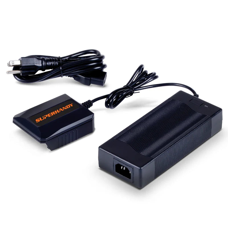 A black 48V lithium ion battery charger with a power cord and connector, branded with the name 'SuperHandy'.